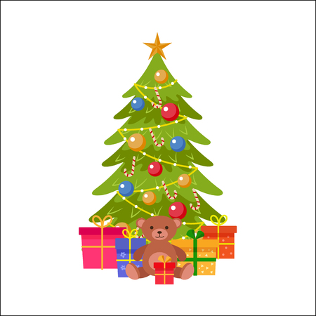Spruce tree with Christmas decoration vector illustration.のイラスト素材