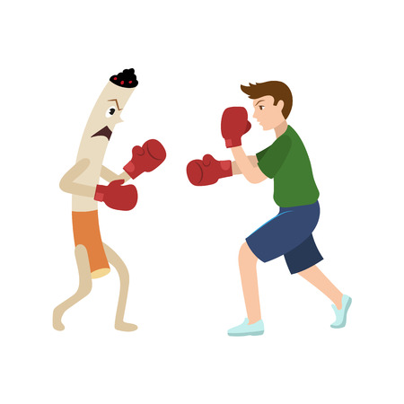 Young man fighting a huge cigarette in box gloves vector illustration.のイラスト素材