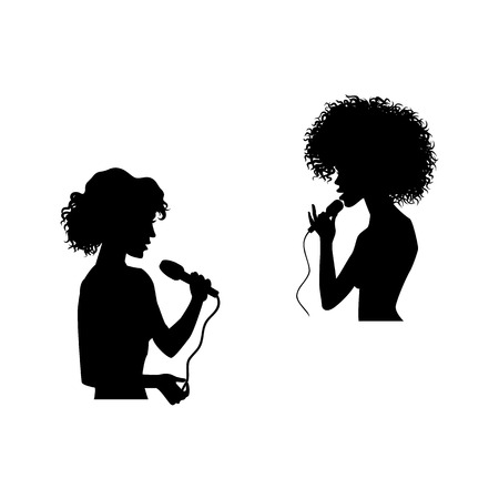 Woman portrait silhouettes singing with a microphone set vector illustration.のイラスト素材