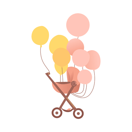 vector flat cartoon pink baby carriage or stroller, pram perambulator with congratulatory air colored balloons . Isolated illustration on a white background.のイラスト素材