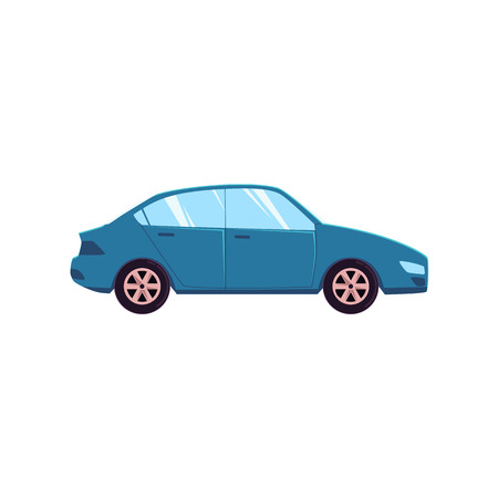 Flat cartoon, comic style blue car, automobile, side view vector illustration isolated on white background. Flat style car, automobile, motor vehicle decoration elementのイラスト素材