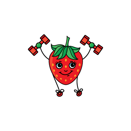 vector flat sketch red strawberry character with eyes, hands and legs making exercises with dumbbells. Isolated illustration on white background. Healthy vegetarian eating, dieting and sport lifestyleのイラスト素材
