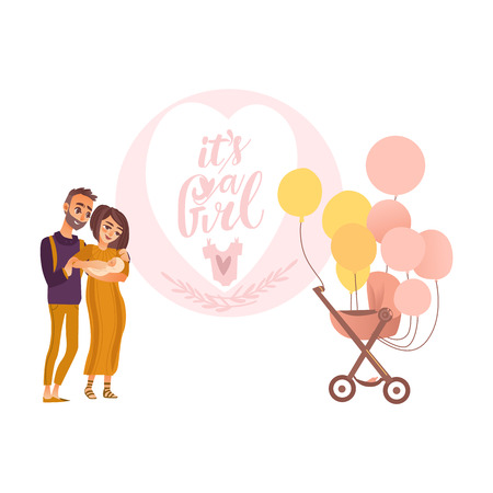 Its a girl greeting card design with parents holding newborn baby and pram decorated with balloons, flat style vector illustration isolated on white background. Newborn baby girl greeting card designのイラスト素材