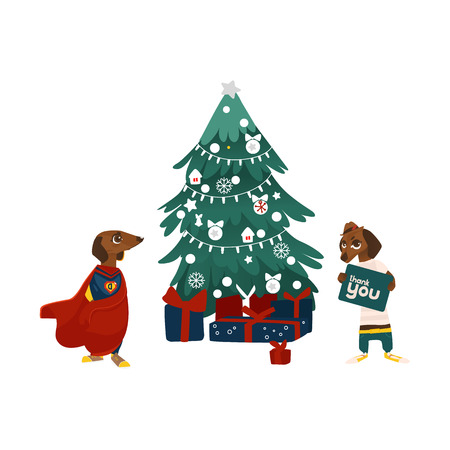 Christmas tree, presents and two dachshund, badger dog characters, flat vector illustration isolated on white background. Christmas tree and funny dog characters, superhero and holding thank you sighのイラスト素材