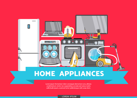 vector home appliance advertising poster banner design. Gas stove, dishwasher, washing machine, electric kettle or teapot, hair dryer, iron, vacuum cleaner, laptop, monitor clock, fridge icon set.のイラスト素材