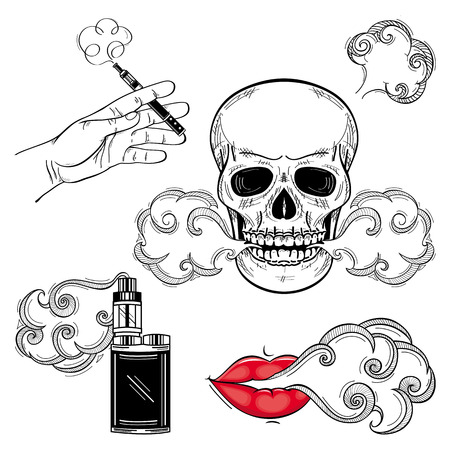vector sketch hand drawn vaping symbols set. Skull exhailing smoke, woman lips smoking, vape device with clouds of vapour and hand holding vaping device. Isolated illustration on white backgroundのイラスト素材