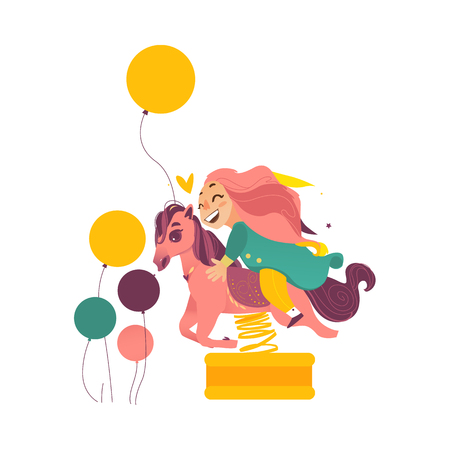 Happy kid, child, girl sitting on horse shape spring rider, cartoon vector illustration isolated on white background. Child, boy, kid having fun from riding a horse shape spring rocker on playgroundのイラスト素材