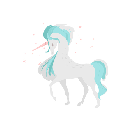 Mythical, mythological, fictional unicorn character. Symbol of grace and purity, flat cartoon vector illustration on white background. Mythical unicorn creature from fairy talesのイラスト素材