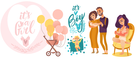 flat cartoon newborn baby symbols set. Couple with baby, nursing, breast feeding mother, stroller with air balloons and boy and girl toddlers. Isolated illustration on a white background.のイラスト素材