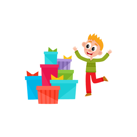 vector flat kids with presents. Young boy in casual clothing dancing near present boxes with colored ribbons, wrappings smiling . Isolated illustration on white backgroundのイラスト素材