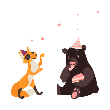 vector flat cartoon cheerful animals character happily smiling in paty hat set. brown bear eating piece of cake, red fox dancing . isolated illustration on a white background.のイラスト素材