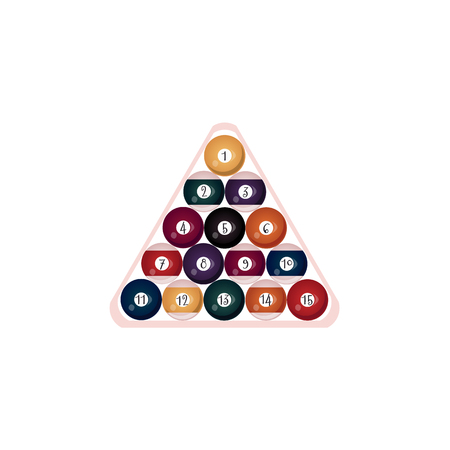 vector flat colored balls with numbers pyramid in wooden rack triangle. Isolated illustration on a white background. Professional snooker set, pool billiard equipment, instrument for your design.のイラスト素材