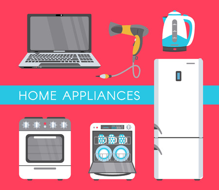 vector home appliance advertising poster banner design. Gas stove, dishwasher, electric kettle or teapot, hair dryer, fridge icon set. Isolated illustration on a white background.の写真素材