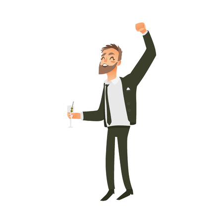 vector flat office worker man with beard in formal corporate clothing - jacket, suit with black necktie, character dancing having fun holding cockteil at party. Isolated illustration white background.のイラスト素材