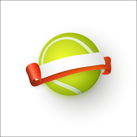 vector flat cartoon tennis ball, sport equipment object with ribbon banner with free space for your text. graphic design or web design element. Isolated illustration on a white backgroundのイラスト素材