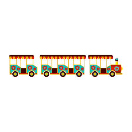 vector flat amusement park concept. wooden steam kids train on wheels for children from Funfair carnival. Isolated illustration on a white background.のイラスト素材