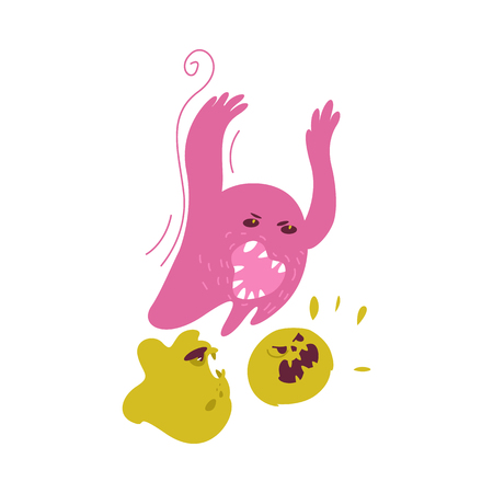 Group of ugly, evil microbe, virus, germ, bacteria characters, cartoon vector illustration isolated on white background. Scary, ugly evil microbe, bacteria, virus monsters with faces and sharp teethのイラスト素材