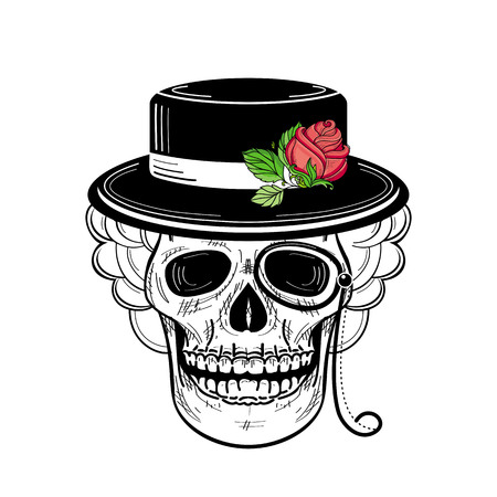 vector sketch hand drawn skull tattoo black and whte in hat with red rose with green stem and leaves and monocle. Isolated illustration on a white background.のイラスト素材