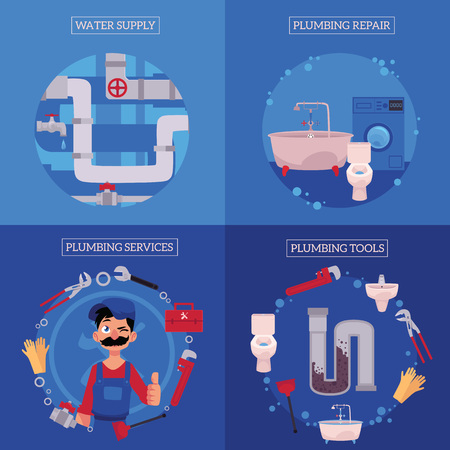 vector plumbing concept posters set. man blumber in uniform and mustache thumbs up winking, water supply, plumbing tools - plunger, pipe, monkey wrench, domestic blumbing repair. illustrationのイラスト素材