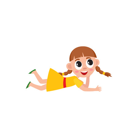 Little preschool, kindergarten girl with two pigtails lying on the floor, listening. Cartoon illustration on white background.のイラスト素材