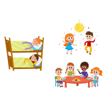 vector summer camp kids set. Caucasian, african Girls, boys eating porridge, fruits vegetables at table, sleeping in bunk bed, dancing at party under disco ball. Isolated illustration white backgroundのイラスト素材