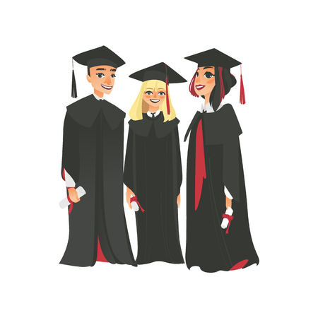 Group of three happy college graduates in graduation cap and gown, holding diplomas, flat vector illustration isolated on white background. Graduates, classmates, friends in graduation caps and gownsのイラスト素材