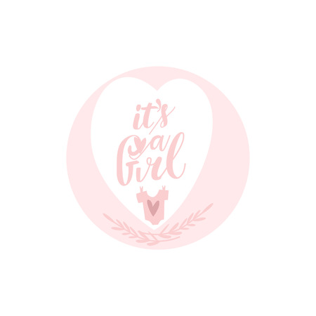 vector flat cartoon it's a girl inscription colored in pink in heart shape frame and baby t-shirt image. Isolated illustration on a white background.のイラスト素材