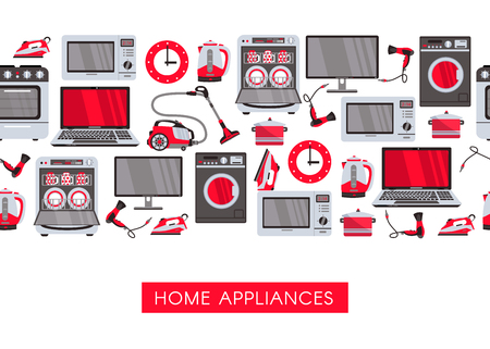 vector home appliance advertising poster design. Gas stove, dishwasher, washing machine, electric kettle or teapot, hair dryer, iron, vacuum cleaner, laptop, monitor clock, fridge seamless patternのイラスト素材