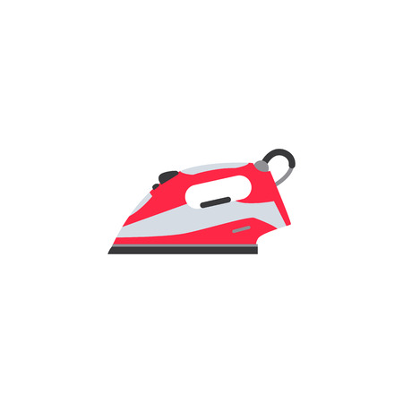 vector flat electric modern steam iron in working position red bright colored icon. Home appliance, consumer electronics symbols for your design. Isolated illustration on a white background.のイラスト素材