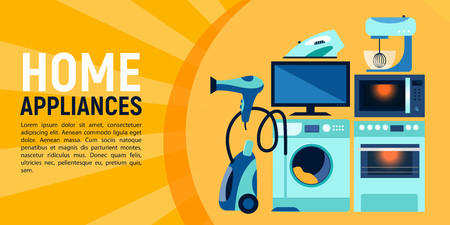 Horizontal banner layout design for shop, sale with flat pictures of home appliances, vector illustration. Sale, information, advertising banner design with flat home appliances and place for textのイラスト素材