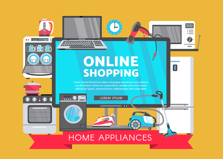 vector online shopping advertising poster banner design. Gas stove, dishwasher, washing machine, electric kettle or teapot, hair dryer, iron, vacuum cleaner, laptop, monitor clock, fridge icon set.のイラスト素材