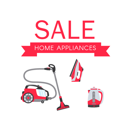 Vector flat modern consumer electronics, home appliance sale icon set. Vacuum cleaner, steam iron and electric kettle or teapot. Isolated illustration on white backgroudのイラスト素材