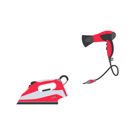 Vector flat electric modern steam iron in working position and hair dryer red colored icon set. Home appliance, consumer electronics symbols for your design. Isolated illustration on white backgroundのイラスト素材