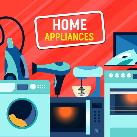 Shop, sale banner design with flat style home appliances, vector illustration. Shop, store banner design with washing machine, TV, stove, iron, vacuum cleaner, hair dryer, microwave oven and mixerのイラスト素材
