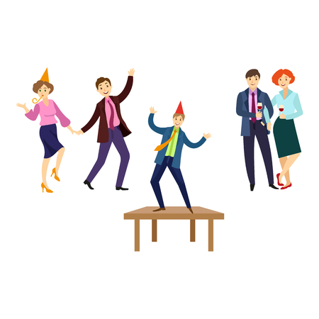 Vector flat office workers at corporate party set. Men and girls in formal clothing with necktie, party hat having fun dancing at floor, at table whistling, drinking wine. Isolated illustrationのイラスト素材