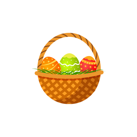 Woven basket with three colorful painted eggs, Easter decoration element, cartoon vector illustration isolated on white background. Cartoon style basket with painted Easter eggsのイラスト素材