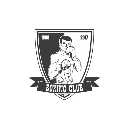 Vector boxing club logo, brand icon with muscular strong handsome man bare torso and chest in boxing stand with box gloves black and white. Isolated illustration on a white background.のイラスト素材