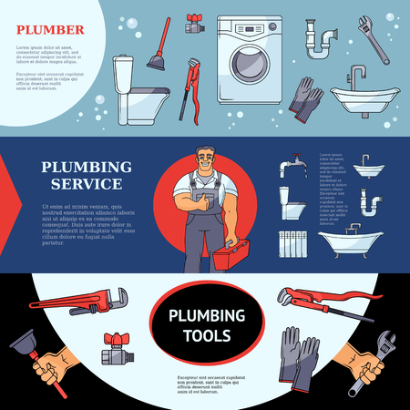 Set Of Horizontal Plumbing Services Banners With Plumber Tools