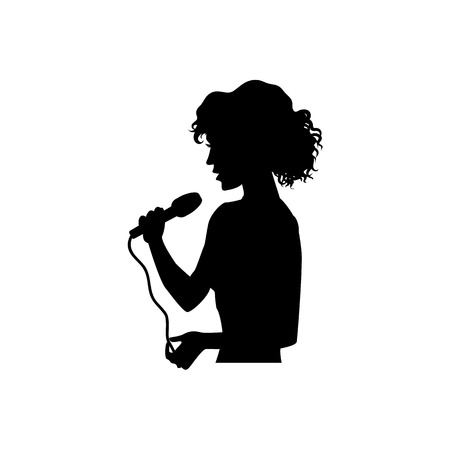 Half length portrait, figure of beautiful woman singing with microphone, black vector silhouette isolated on white background. Black silhouette of beautiful singing woman, girl, half length portraitのイラスト素材