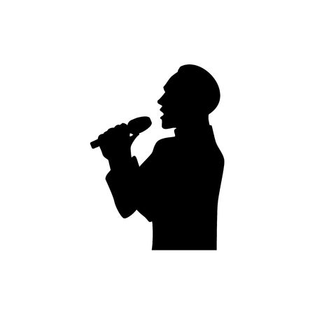 Half length portrait, figure of handsome man singing with microphone, black vector silhouette isolated on white background. Black silhouette of singing man, half length portrait