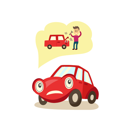vector cartoon car with eyes worrying about possible problems with engine and owners angry reaction trying to fix it thinking about it with negative emotion. Isolated illustration on white background.のイラスト素材
