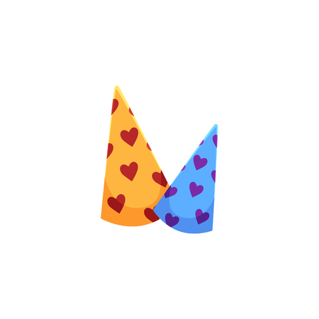 Two birthday, Christmas party hats, cartoon vector illustration isolated on white background. Cartoon style birthday, Christmas party hats with heart patternのイラスト素材