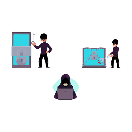 Vector flat cyber theft set. Man sitting in front of laptop, hacking security system, Bandit hacking smartphone, laptop protected by lock chain by bolt cutter, key. Isolated illustration.のイラスト素材