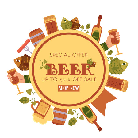 Vector cartoon beer symbols icon circle pattern, poster template. man hands holding big mugs of golden lager beer with thick foam, bottle of beer, hop cones, leaves, sausages, dried fish isolated.のイラスト素材