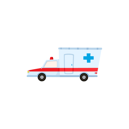 Emergency ambulance car, urgent transportation to hospital, side view cartoon vector illustration isolated on white background cartoon emergency ambulance car.のイラスト素材