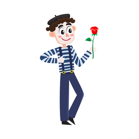 French mime artist in striped shirt and beret holding red rose, cartoon vector illustration isolated on white background. Stereotypical cartoon French mime artist, performer, full length portrait.のイラスト素材