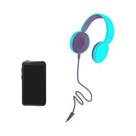 Vector flat black smartphone, bright blue headphones in modern style.のイラスト素材