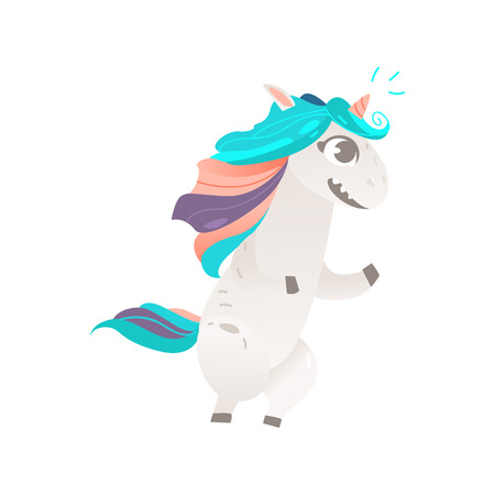 Vector cartoon funny stylized unicorn standing on hind legs with colorful hair and pink horn.のイラスト素材