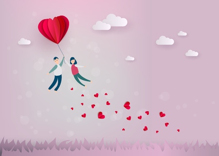 Vector happy valentines day illustration, invitation card, sale poster, party banner template man and girl couple flying at paper origami hearts.のイラスト素材