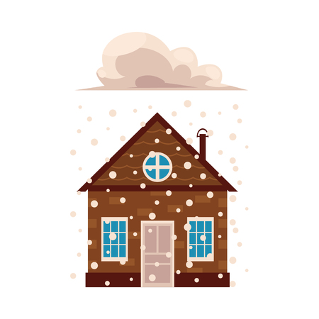 Flat vector house insurance concept. Private house being damaged by falling snow. Natural disaster insurance scenes isolated illustration on a white background.のイラスト素材